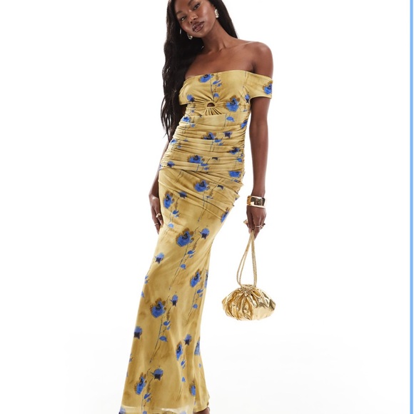 ASOS Yellow Ruched Off-Shoulder Bodycon Dress - Picture 1 of 3